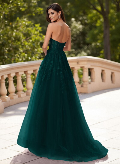 Dreamy Sweetheart Illusion Corset A-Line Sweep Train Lace/Tulle Prom Dresses