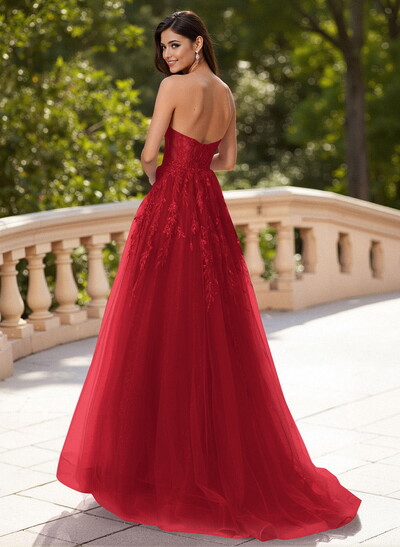 Dreamy Sweetheart Illusion Corset A-Line Sweep Train Lace/Tulle Prom Dresses