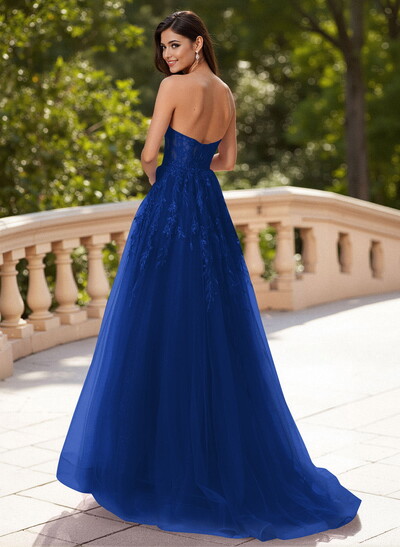 Dreamy Sweetheart Illusion Corset A-Line Sweep Train Lace/Tulle Prom Dresses