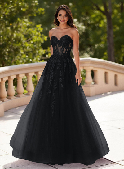 Dreamy Sweetheart Illusion Corset A-Line Sweep Train Lace/Tulle Prom Dresses