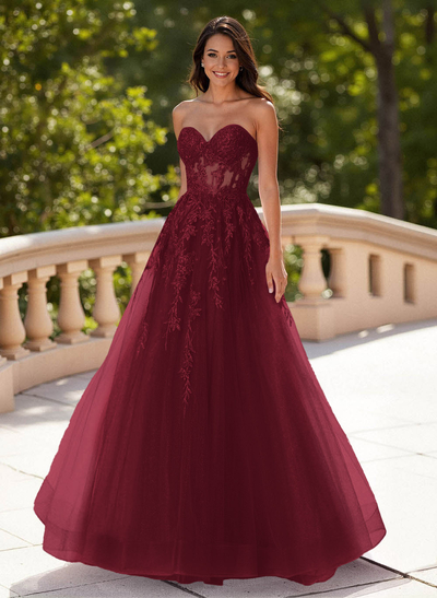 Dreamy Sweetheart Illusion Corset A-Line Sweep Train Lace/Tulle Prom Dresses