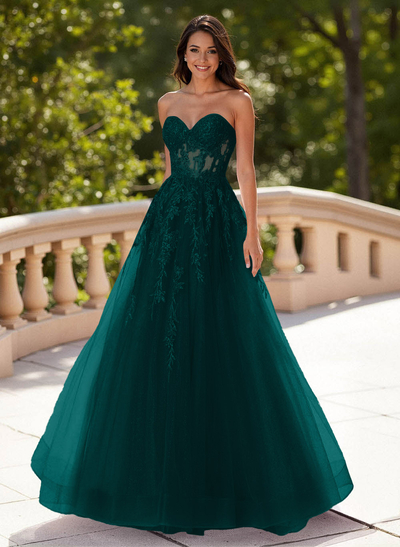 Dreamy Sweetheart Illusion Corset A-Line Sweep Train Lace/Tulle Prom Dresses