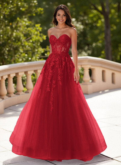 Dreamy Sweetheart Illusion Corset A-Line Sweep Train Lace/Tulle Prom Dresses