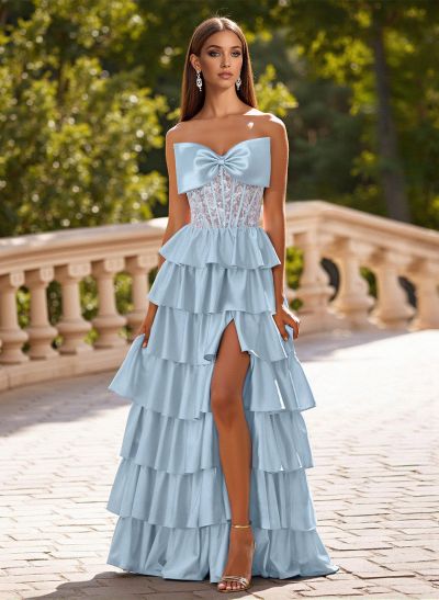 Princess Ball Gown Bow Accented A-Line Charmeuse Prom Dresses With Tiered Skirt