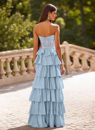 Princess Ball Gown Bow Accented A-Line Charmeuse Prom Dresses With Tiered Skirt