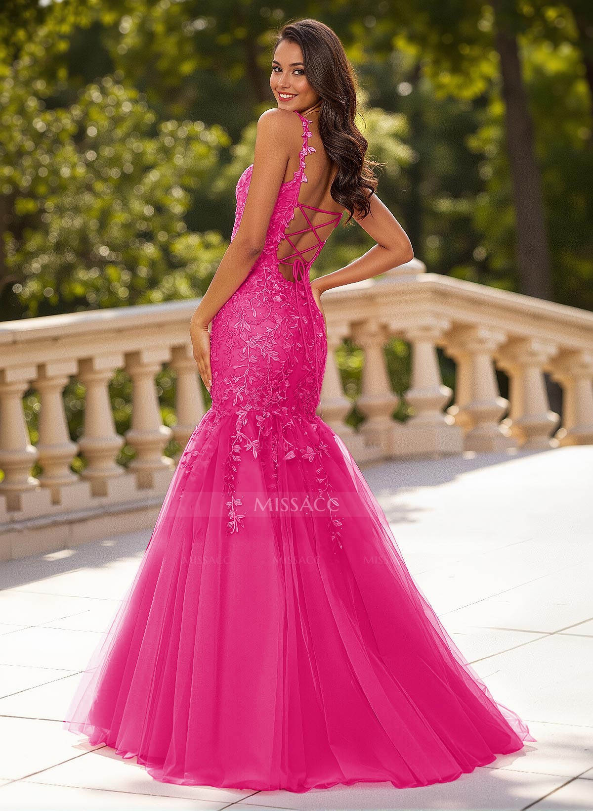 Dreamy Cowl Neck Criss Cross Back Mermaid Sweep Train Lace/Tulle Prom Dresses