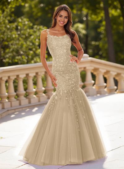 Dreamy Cowl Neck Criss Cross Back Mermaid Sweep Train Lace/Tulle Prom Dresses