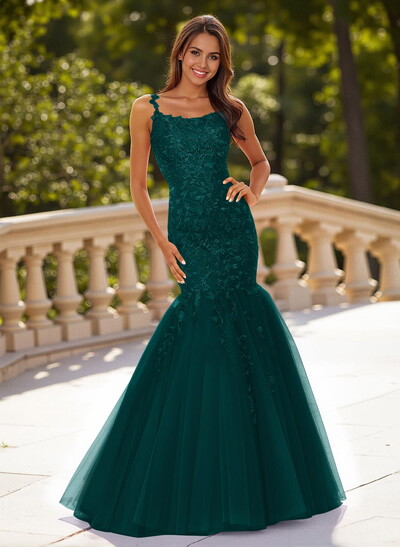 Dreamy Cowl Neck Criss Cross Back Mermaid Sweep Train Lace/Tulle Prom Dresses