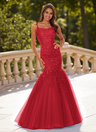 Dreamy Cowl Neck Criss Cross Back Mermaid Sweep Train Lace/Tulle Prom Dresses