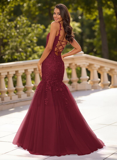 Dreamy Cowl Neck Criss Cross Back Mermaid Sweep Train Lace/Tulle Prom Dresses