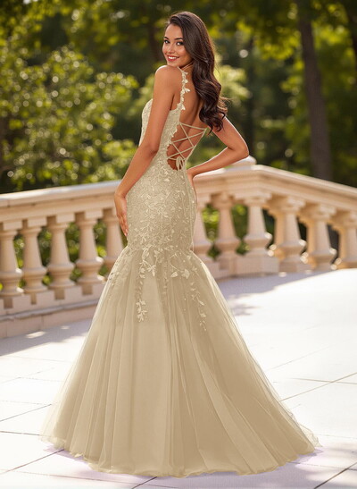 Dreamy Cowl Neck Criss Cross Back Mermaid Sweep Train Lace/Tulle Prom Dresses