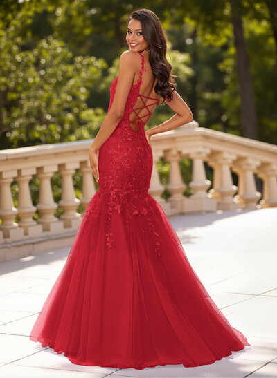 Dreamy Cowl Neck Criss Cross Back Mermaid Sweep Train Lace/Tulle Prom Dresses