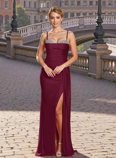 Sexy Sweetheart Sleeveless Silk Like Satin Prom Dresses With High Split