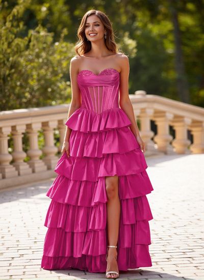 Princess Ball Gown A-Line Charmeuse Prom Dresses With Tiered Skirt