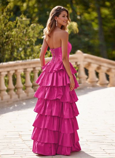 Princess Ball Gown A-Line Charmeuse Prom Dresses With Tiered Skirt