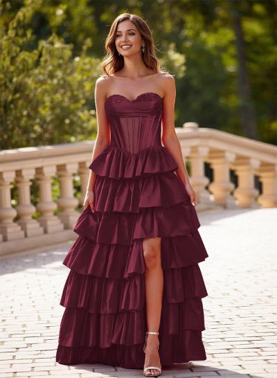 Princess Ball Gown A-Line Charmeuse Prom Dresses With Tiered Skirt