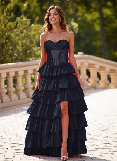 Princess Ball Gown A-Line Charmeuse Prom Dresses With Tiered Skirt