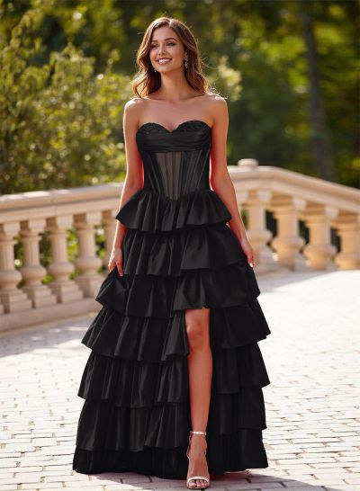 Princess Ball Gown A-Line Charmeuse Prom Dresses With Tiered Skirt