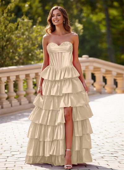 Princess Ball Gown A-Line Charmeuse Prom Dresses With Tiered Skirt