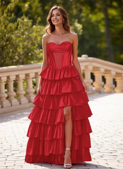 Princess Ball Gown A-Line Charmeuse Prom Dresses With Tiered Skirt