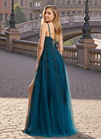 Modest A-Line V-Neck Lace Applique Satin/Tulle Prom Dresses With High Split