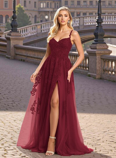 Modest A-Line V-Neck Lace Applique Satin/Tulle Prom Dresses With High Split