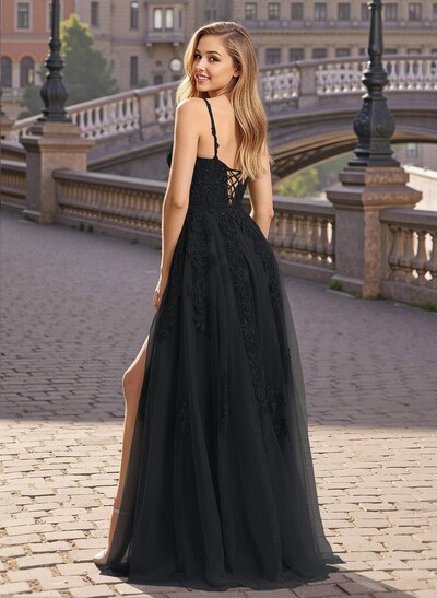 Modest A-Line V-Neck Lace Applique Satin/Tulle Prom Dresses With High Split