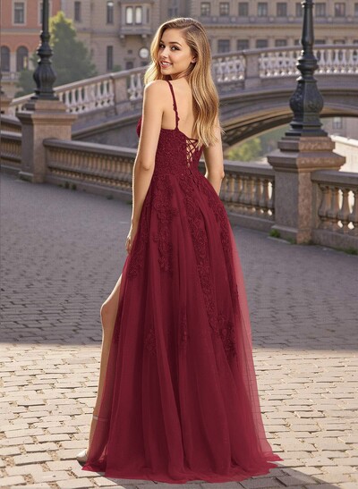 Modest A-Line V-Neck Lace Applique Satin/Tulle Prom Dresses With High Split
