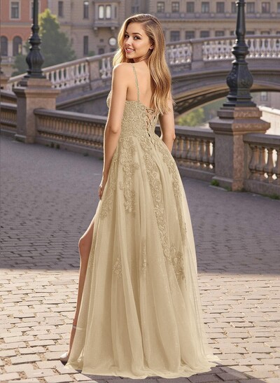 Modest A-Line V-Neck Lace Applique Satin/Tulle Prom Dresses With High Split