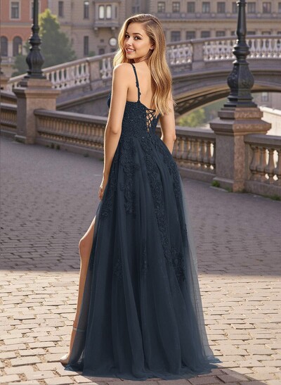 Modest A-Line V-Neck Lace Applique Satin/Tulle Prom Dresses With High Split