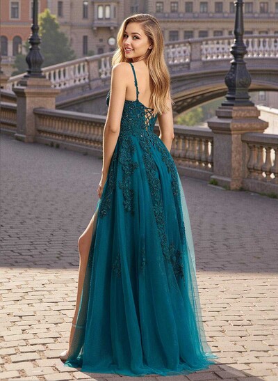 Modest A-Line V-Neck Lace Applique Satin/Tulle Prom Dresses With High Split
