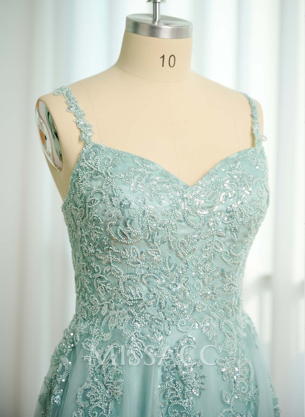 Modest A-Line V-Neck Lace Applique Satin/Tulle Prom Dresses With High Split