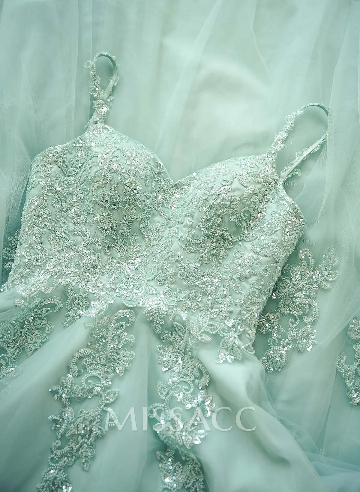 lace mint green wedding dress Pastel mint green floral lace flutter sleeve ball gown wedding dress with  court train & glitter tulle