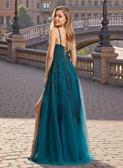 Modest A-Line V-Neck Lace Applique Satin/Tulle Prom Dresses With High Split