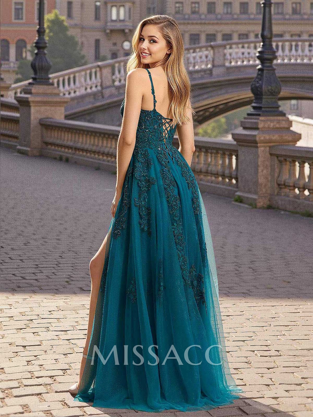 Modest A-Line V-Neck Lace Applique Satin/Tulle Prom Dresses With High Split
