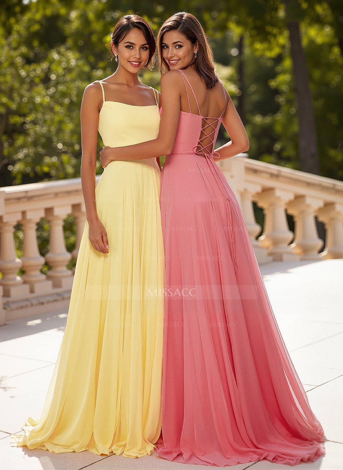 Simple Square Neckline Spaghetti Straps A-Line Sweep Train Tulle Prom Dresses