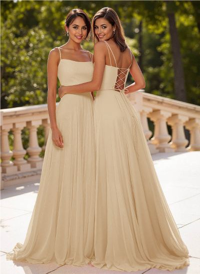 Simple Square Neckline Spaghetti Straps A-Line Sweep Train Chiffon Prom Dresses