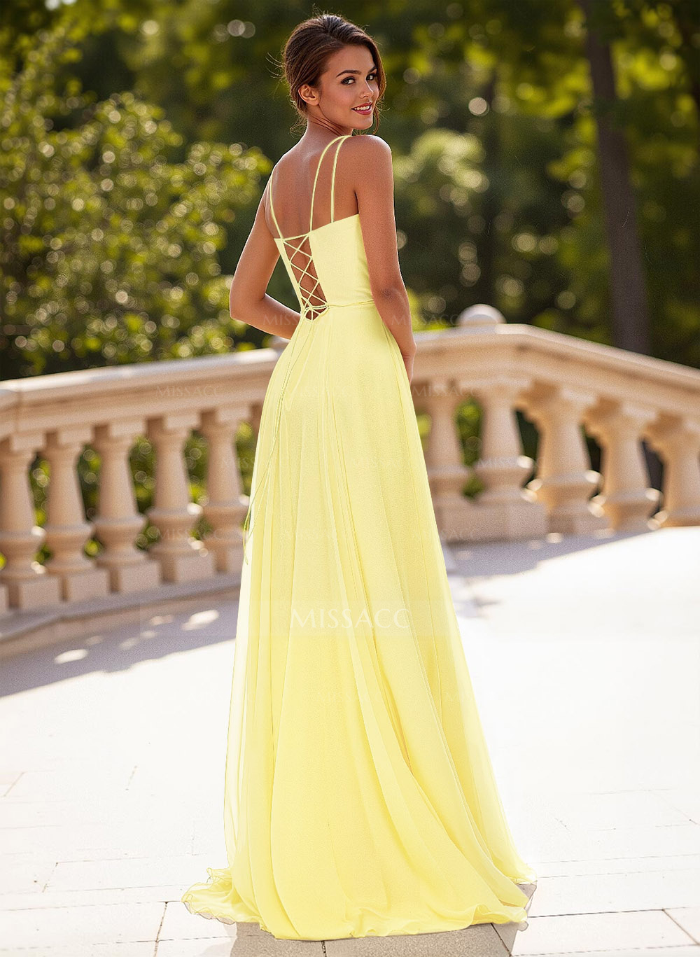 Simple Square Neckline Spaghetti Straps A-Line Sweep Train Chiffon Prom Dresses