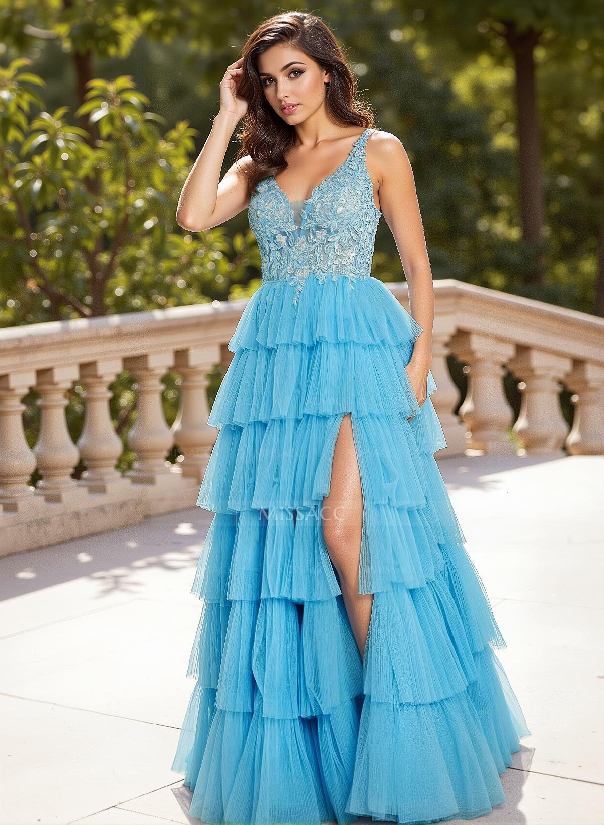 Dreamy Lace V-Neck A-Line Tiered High Split Floor-Length Tulle Prom Dresses