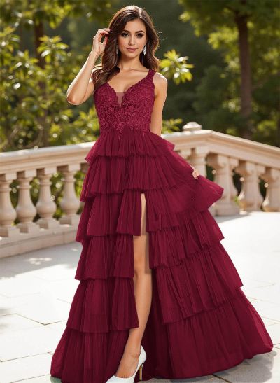 Dreamy Lace V-Neck A-Line Tiered High Split Floor-Length Tulle Prom Dresses