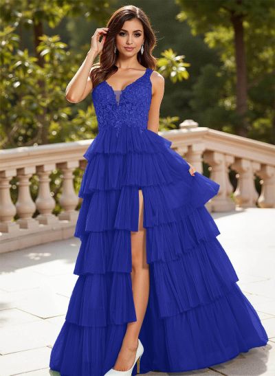 Dreamy Lace V-Neck A-Line Tiered High Split Floor-Length Tulle Prom Dresses
