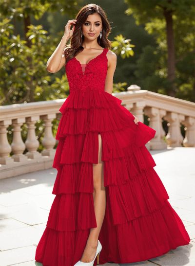 Dreamy Lace V-Neck A-Line Tiered High Split Floor-Length Tulle Prom Dresses