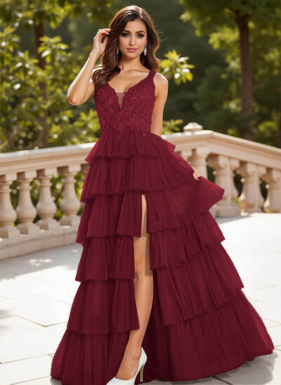 Dreamy Lace V-Neck A-Line Tiered High Split Floor-Length Tulle Prom Dresses