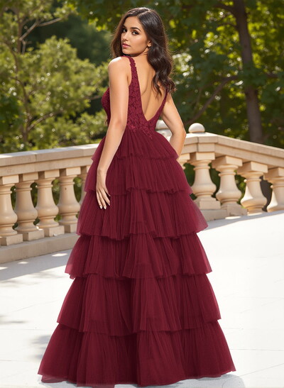 Dreamy Lace V-Neck A-Line Tiered High Split Floor-Length Tulle Prom Dresses