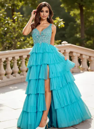 Dreamy Lace V-Neck A-Line Tiered High Split Floor-Length Tulle