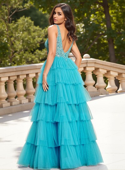 Dreamy Lace V-Neck A-Line Tiered High Split Floor-Length Tulle Prom Dresses