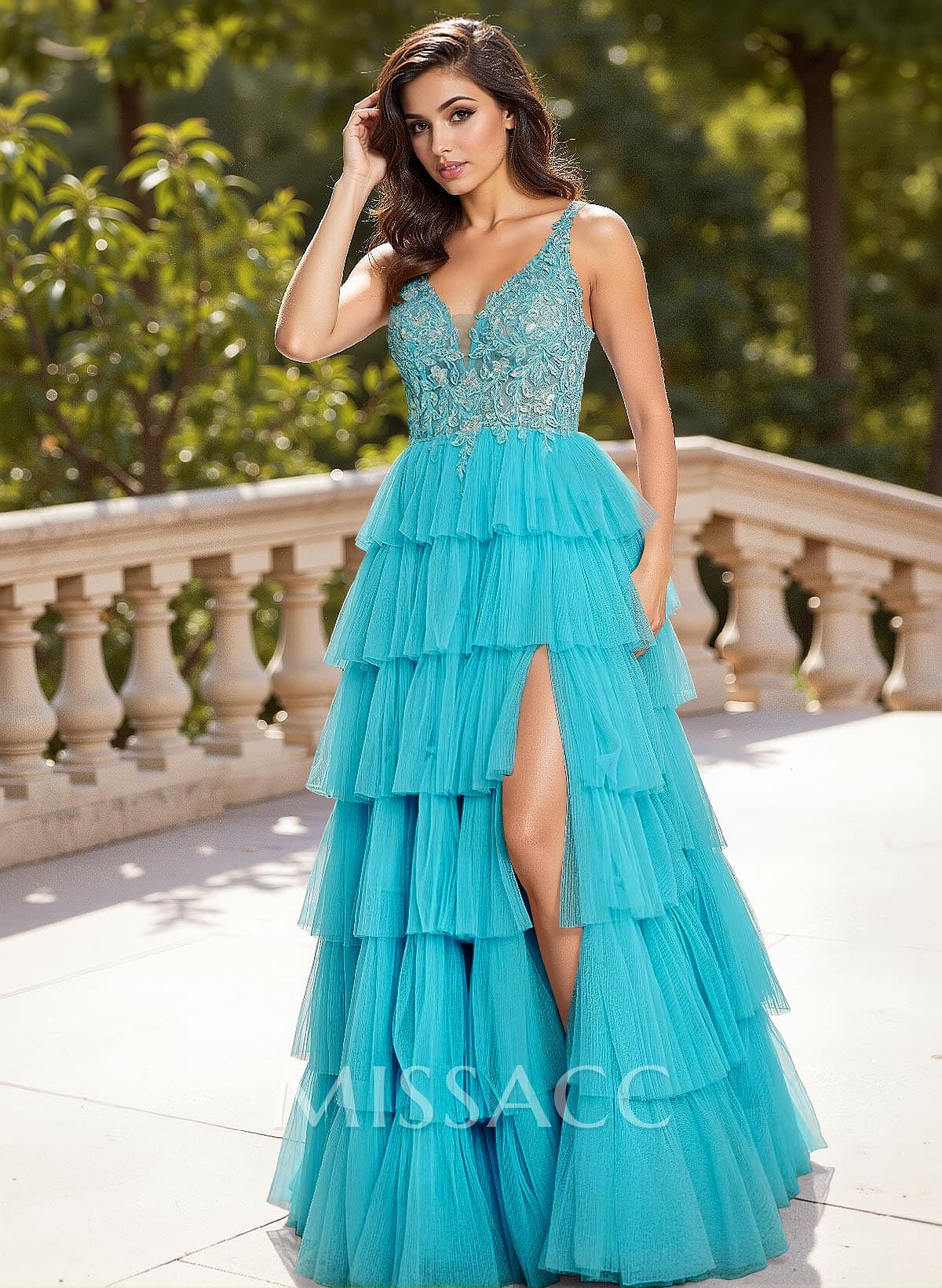 Dreamy Lace V-Neck A-Line Tiered High Split Floor-Length Tulle Prom Dresses Dreamy Lace V-Neck A-Line Tiered High Split Floor-Length Tulle Prom Dresses
