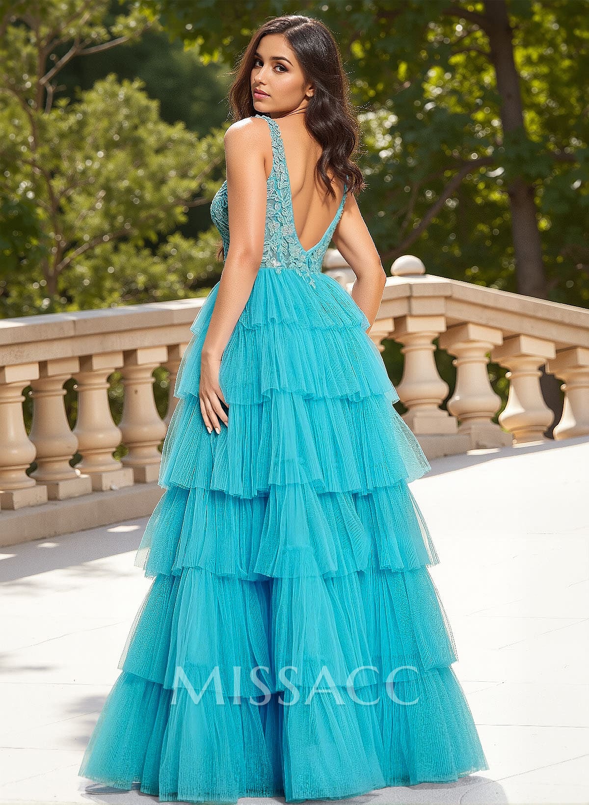 Dreamy Lace V-Neck A-Line Tiered High Split Floor-Length Tulle Prom Dresses Dreamy Lace V-Neck A-Line Tiered High Split Floor-Length Tulle Prom Dresses