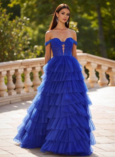 Elegant Off-The-Shoulder A-Line Sweep Train Tulle Prom Dresses With Lace