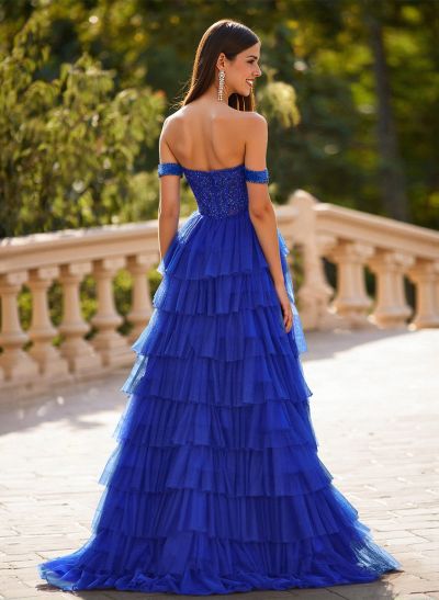 Elegant Off-The-Shoulder A-Line Sweep Train Tulle Prom Dresses With Lace